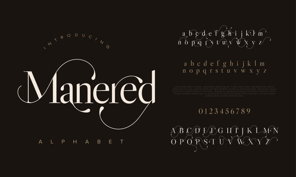 Naklejki Manered premium luxury elegant alphabet letters and numbers. Elegant wedding typography classic serif font decorative vintage retro. Creative vector illustration