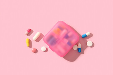 Container with different pills on pink background