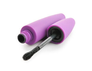 Stylish open purple mascara isolated on white background