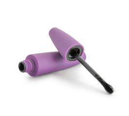 Stylish open purple mascara isolated on white background