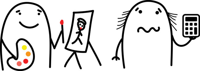 Thumb man. Artist painting a beautiful picture. Businessman according to a calculator.Charcter emotional. New set of characters in the style of meme flork. - obrazy, fototapety, plakaty