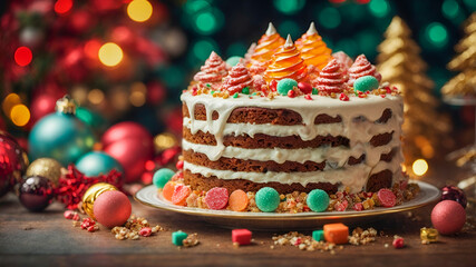 Christmas chocolate cake design with candy and decorations