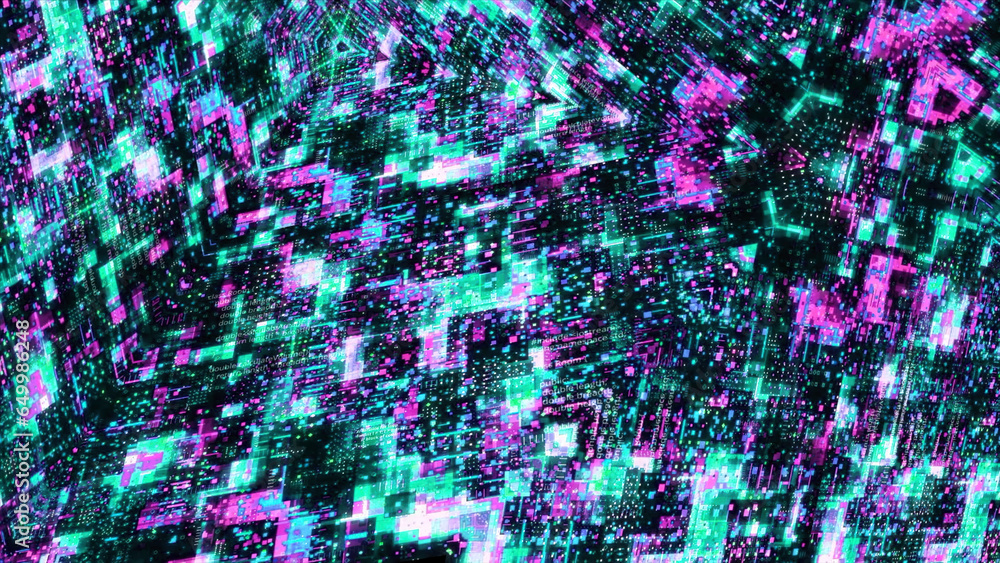 Poster technology and science fiction inspired. motion. digital space with squared shapes and lines of code