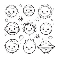 cute planet group , black and white coloring page for kids and adults , line art, simple cartoon style, happy cute and funny