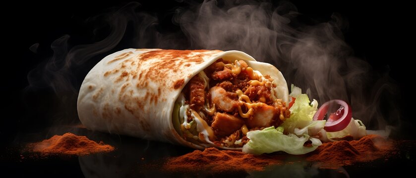Traditional mexican burrito with meat and vegetables on black background