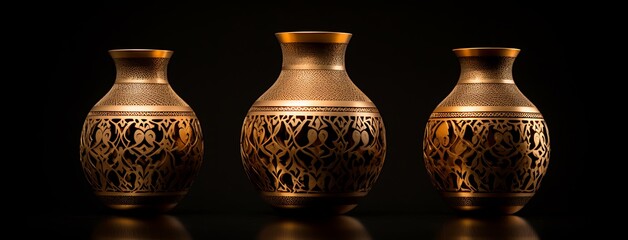Three gold vases on a black background. 3d rendering.