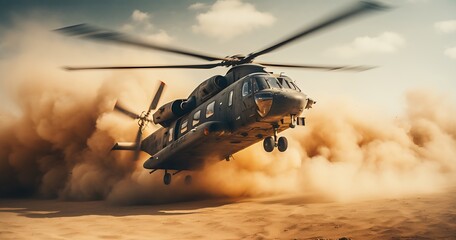 Military helicopter in the desert. 3d illustration. Vintage style.
