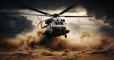 Fototapeta na wymiar Helicopter in the desert. 3d rendering. toned image