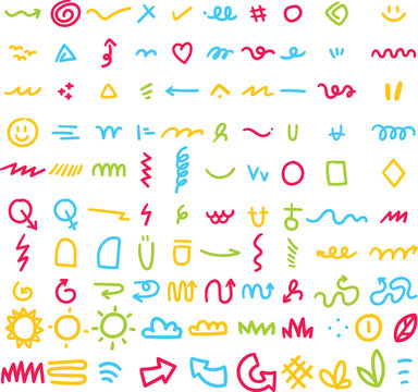 Colorful set of various hand drawn abstract shapes, strokes and doodles. Childish cute drawing. Modern design elements. Vector texture.