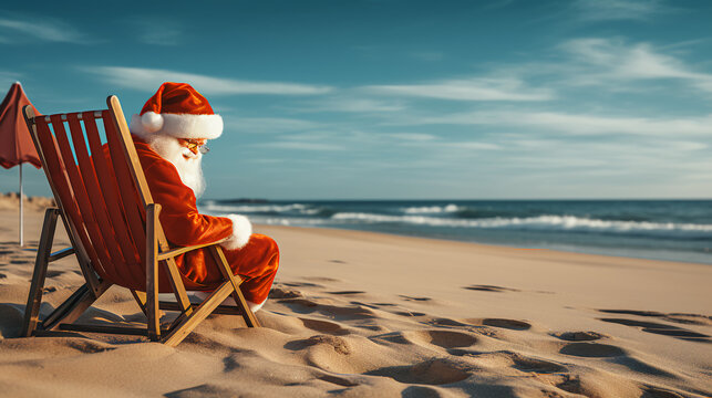 Santa chilling on the beach - relaxing - Christmas party - background - low Angie shot 