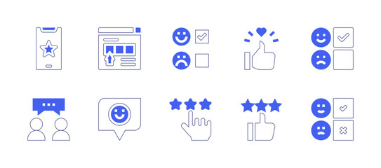 Feedback icon set. Duotone style line stroke and bold. Vector illustration. Containing review, conversation, like, rate, rating, survey, customer review.