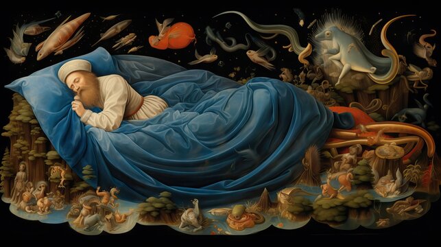 A medieval depiction of an individual dreaming peacefully in slumber, showcasing historical interpretations of dreams. Generative AI.