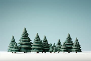 A background image featuring miniature Christmas trees against a sky-blue background. Photorealistic illustration