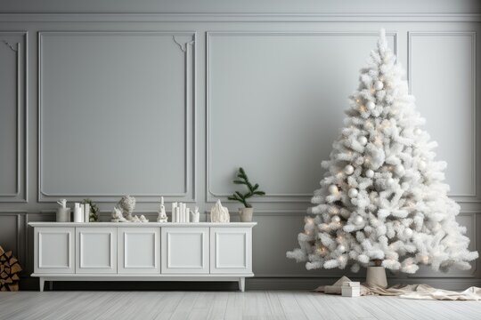 A background image featuring a white-tone interior with a white Christmas tree and a white cabinet, providing a clean and cohesive canvas for various content creation. Photorealistic illustration