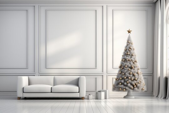 A background image featuring a minimalist white living room with a sofa and a Christmas tree, providing a clean and stylish canvas for various creative projects. Photorealistic illustration
