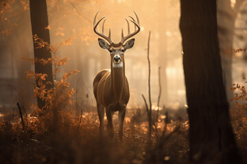 Cerf sauvage dans les bois en automne regardant la caméra - obrazy, fototapety, plakaty