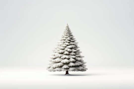 A background image for creative content, featuring a snow-covered Christmas tree against a white background. Photorealistic illustration