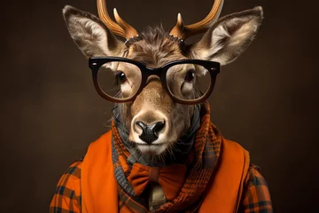 Rolgordijnen cute deer animal with glasses © Salawati