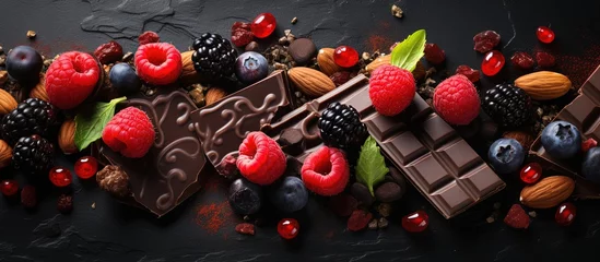 Foto op Plexiglas Close up of a chocolate bar with berries nuts and dried fruits on a dark background © AkuAku