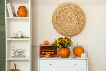 Pumpkins with autumn flowers and retro radio receiver on commode in room