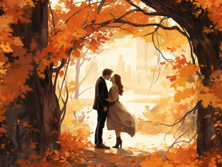 Obraz premium An Illustration of a Couple Sharing a Kiss Under an Archway of Intertwined Autumn Branches