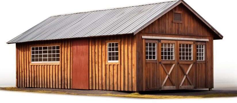 Display of American wooden sheds with metal roof and garage sliding door used for storage hobbies or workshop in a backyard or on an allotment