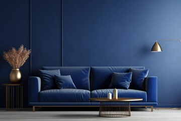 
Dark blue wall. Plush sofa. Modern lamp. Golden stand. Big leafy plant. Cozy ambiance. Minimalist style. Luxe cushion. Wood floor. Elegant setting.