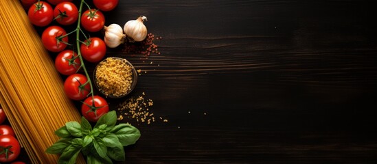 Obraz na płótnie Canvas Top view image of Italian pasta ingredients on black table including spaghetti tomato basil and garlic with copy space