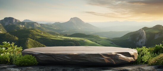 Outdoor rock table top with mountain landscape at sunrise showcasing organic beauty