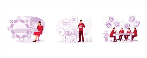Obraz premium Businesswoman working with a laptop computer. Male businessman working on tablet. Businessman and his colleagues are having a meeting in the office. Set Trend Modern vector flat illustration