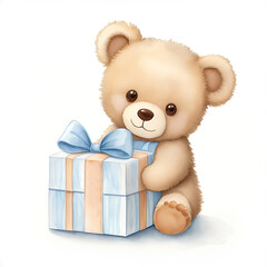 Cute teddy bear with a gift box on a white background