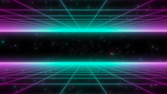 A futuristic 3D virtual space designed with perspective grids. It's a cyberpunk-style background animation.