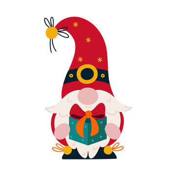 Cute Christmas gnome vector illustration. A gray-haired elf with a beard holds a holiday gift with a bow in his hands. Santa Claus helper in a stocking cap with snowflakes and a bell. Cartoon clipart 