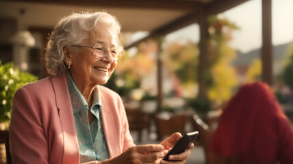 closeup of elderly Caucasian grandmother using smartphone, coffee shop