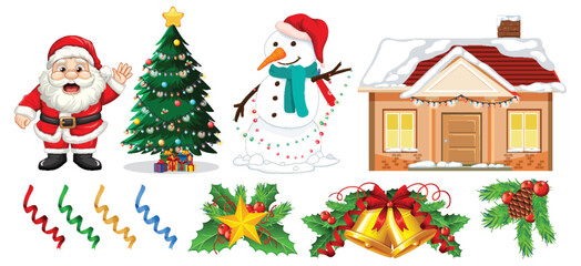 Festive Christmas Objects and Elf in Vector Illustration