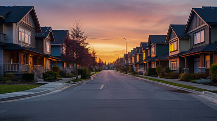 Panoramic view of a newly developed suburban neighborhood at sunset, with warm, inviting lights in every home. - obrazy, fototapety, plakaty