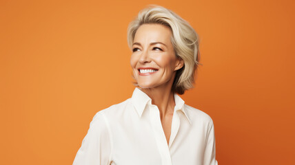 Happy mature businesswoman on an orange solid background