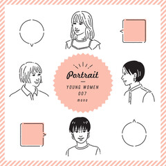 若い女性の線画表情セット（モノクロ）