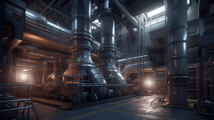 A modern gas power plant from the inside, with shiny pipes. Generative AI. - obrazy, fototapety, plakaty