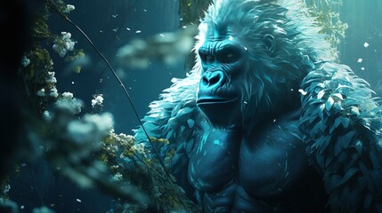 peaceful aquamarine gorilla, digital art illustration, Generative AI - obrazy, fototapety, plakaty