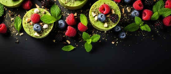 Vegan concept Healthy homemade matcha cakes with fresh toppings Top view