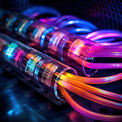 Optical fibers of fiber optic cable. Internet technology - obrazy, fototapety, plakaty