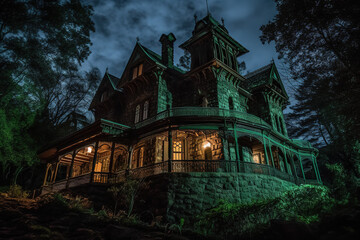 Haunted mansion, mountain, gothic, scary, night time, glow in the windows. Generative AI