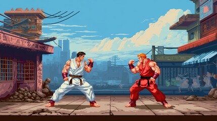 Retro fighting games. Classic 90's arcade pixel art. 