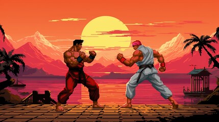 Retro fighting games. Classic 90's arcade pixel art. 