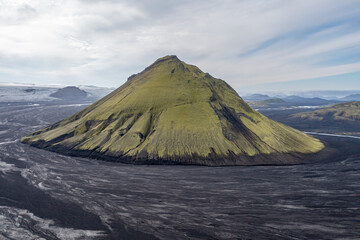 Aerial view of volcano covered in vegetation in Fjallabak Nature Reserve, Iceland on sunny autumn day. © Francisco