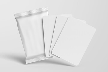 2,5 x 3,5 inch size blank trading card collectible game set with shiny foil plastic booster pack mockup isolated 3d rendering illustration