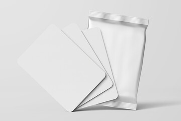 2,5 x 3,5 inch size blank trading card collectible game set with shiny foil plastic booster pack mockup isolated 3d rendering illustration