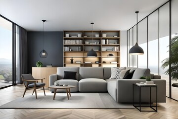 Naklejka na ściany i meble Comfortable grey furniture with wooden shelving unit and black lamp in light living room. Modern living room. 3d rendering