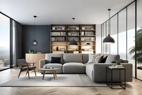 Comfortable grey furniture with wooden shelving unit and black lamp in light living room. Modern living room. 3d rendering